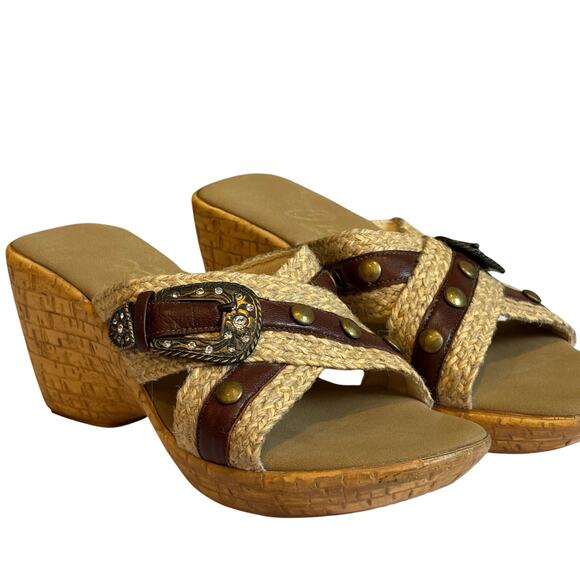 Onex Sandal Wedges Size 6.5 M Black Buckle Studs Woven Hemp 3" Cork Heel - Picture 3 of 8